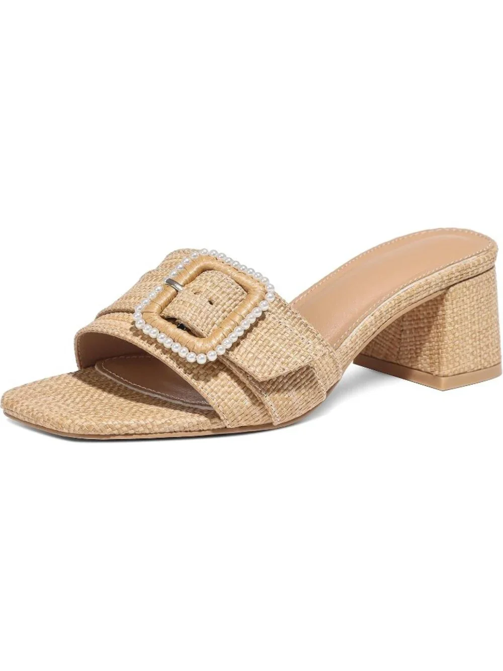Women's Natural Summer Chunky Heels Square Toe Mules Slip On Short Heeled Sandal